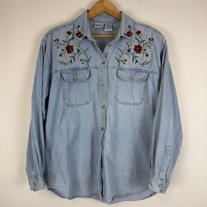 Vintage Capacity Floral Embroidered Button Down Denim Top Size Large